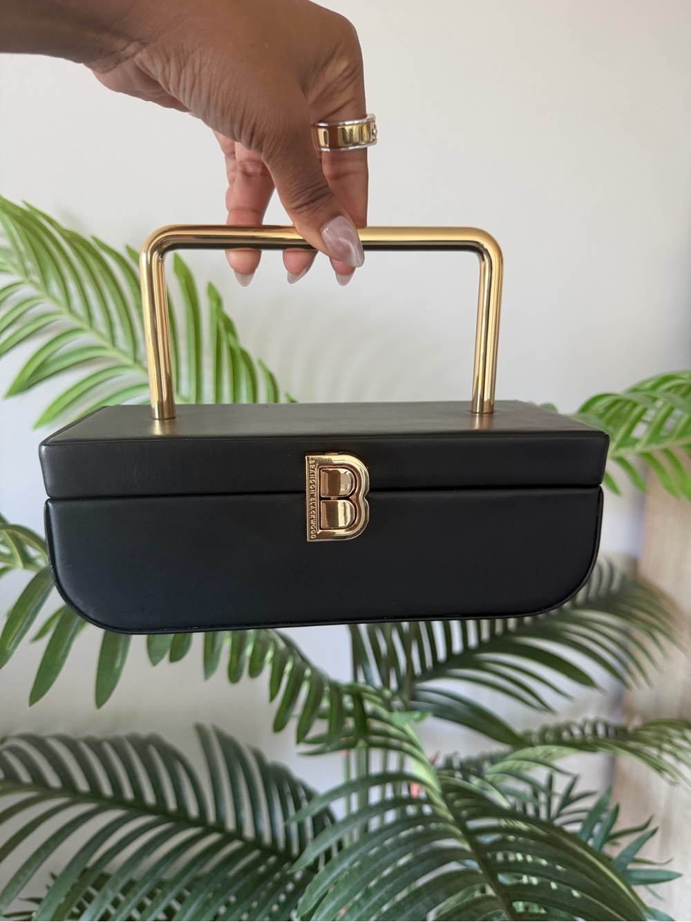 Brandon Blackwood Black Leather Box Bag with Gold Handle
